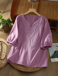 Discount Women's Shirt Linen-Inspired Shirts Solid Color Floral Casual Boho 3/4 Length Sleeve Elbow Sleeve V Neck Regular Tops Vacation Party Daily Embroidered Grass Green Purple Autumn / Fall Spring & Summer Women Shirts