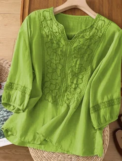 Discount Women's Shirt Linen-Inspired Shirts Solid Color Floral Casual Boho 3/4 Length Sleeve Elbow Sleeve V Neck Regular Tops Vacation Party Daily Embroidered Grass Green Purple Autumn / Fall Spring & Summer Women Shirts