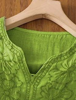 Discount Women's Shirt Linen-Inspired Shirts Solid Color Floral Casual Boho 3/4 Length Sleeve Elbow Sleeve V Neck Regular Tops Vacation Party Daily Embroidered Grass Green Purple Autumn / Fall Spring & Summer Women Shirts