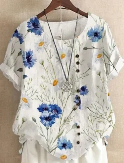 Outlet Women's Shirt Linen-Inspired Shirts Blouse Floral Casual Short Sleeve Crew Neck Regular Tops Vacation Daily Print Yellow Light Green Royal Blue Blue Purple Summer Women Spring Tops