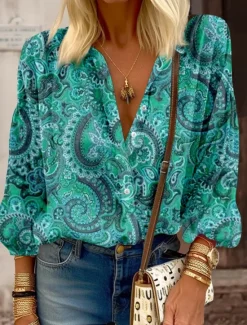 Online Women's Shirt Long Sleeve Button Down Blouse Fashion Casual Paisley Buttons Print Regular Tops Shirt Collar Casual Daily Going out Pink Red Green Spring & Fall Women Spring Tops|Boho Tops