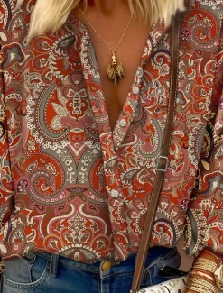 Online Women's Shirt Long Sleeve Button Down Blouse Fashion Casual Paisley Buttons Print Regular Tops Shirt Collar Casual Daily Going out Pink Red Green Spring & Fall Women Spring Tops|Boho Tops