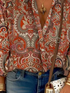 Online Women's Shirt Long Sleeve Button Down Blouse Fashion Casual Paisley Buttons Print Regular Tops Shirt Collar Casual Daily Going out Pink Red Green Spring & Fall Women Spring Tops|Boho Tops