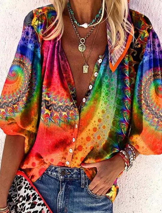 Sale Women's Shirt Long Sleeve Button Down Blouse Daily Basic Neon & Bright Buttons Print Regular Tops V Neck Casual Yellow Orange Fall & Winter Women Blouses & Shirts|Spring Tops