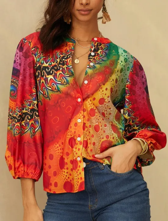 Sale Women's Shirt Long Sleeve Button Down Blouse Daily Basic Neon & Bright Buttons Print Regular Tops V Neck Casual Yellow Orange Fall & Winter Women Blouses & Shirts|Spring Tops