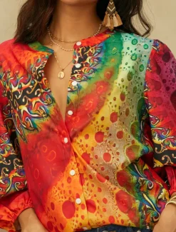 Sale Women's Shirt Long Sleeve Button Down Blouse Daily Basic Neon & Bright Buttons Print Regular Tops V Neck Casual Yellow Orange Fall & Winter Women Blouses & Shirts|Spring Tops