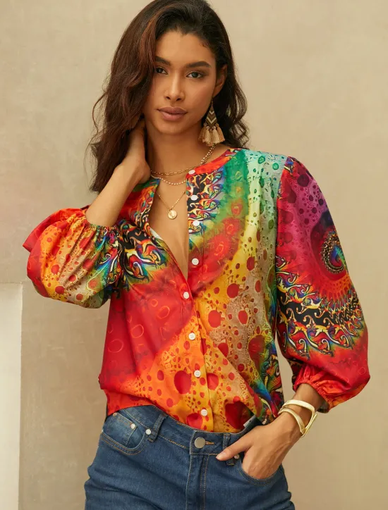 Sale Women's Shirt Long Sleeve Button Down Blouse Daily Basic Neon & Bright Buttons Print Regular Tops V Neck Casual Yellow Orange Fall & Winter Women Blouses & Shirts|Spring Tops