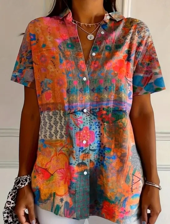 Best Women's Shirt Long Sleeve Button Down Blouse Floral Graphic Vintage Tropical Daily Short Sleeve Shirt Collar Regular Tops Daily Blue Orange Summer Spring Women Blouses & Shirts