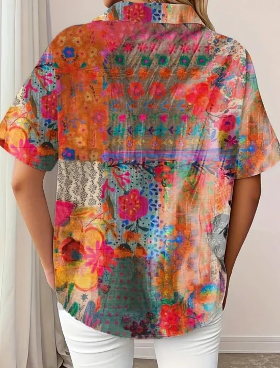 Best Women's Shirt Long Sleeve Button Down Blouse Floral Graphic Vintage Tropical Daily Short Sleeve Shirt Collar Regular Tops Daily Blue Orange Summer Spring Women Blouses & Shirts