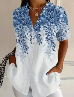 New Women's Shirt Long Sleeve Button Down Blouse Floral Graphic Vintage Tropical Daily Short Sleeve Shirt Collar Regular Tops Daily Black Pink Royal Blue Blue Purple Summer Spring Women Blouses & Shirts