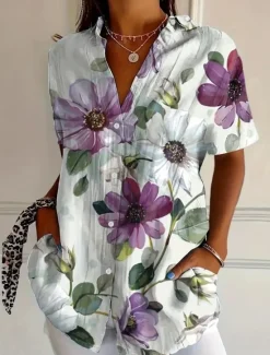 New Women's Shirt Long Sleeve Button Down Blouse Floral Graphic Vintage Tropical Daily Short Sleeve Shirt Collar Regular Tops Daily Black Pink Royal Blue Blue Purple Summer Spring Women Blouses & Shirts