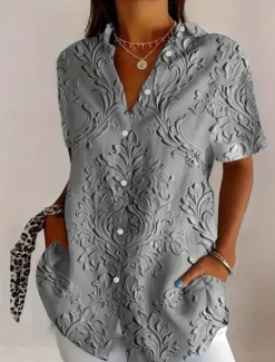 New Women's Shirt Long Sleeve Button Down Blouse Floral Graphic Vintage Tropical Daily Short Sleeve Shirt Collar Regular Tops Daily Black Pink Royal Blue Blue Purple Summer Spring Women Blouses & Shirts