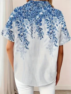 New Women's Shirt Long Sleeve Button Down Blouse Floral Graphic Vintage Tropical Daily Short Sleeve Shirt Collar Regular Tops Daily Black Pink Royal Blue Blue Purple Summer Spring Women Blouses & Shirts