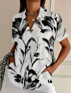 New Women's Shirt Long Sleeve Button Down Blouse Floral Graphic Vintage Tropical Daily Short Sleeve Shirt Collar Regular Tops Daily Black Pink Royal Blue Blue Purple Summer Spring Women Blouses & Shirts