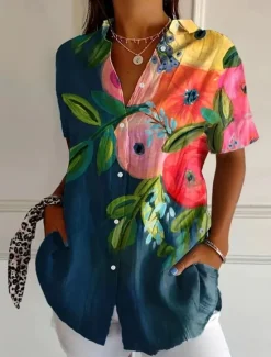 New Women's Shirt Long Sleeve Button Down Blouse Floral Graphic Vintage Tropical Daily Short Sleeve Shirt Collar Regular Tops Daily Black Pink Royal Blue Blue Purple Summer Spring Women Blouses & Shirts