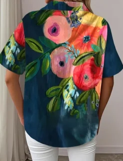 New Women's Shirt Long Sleeve Button Down Blouse Floral Graphic Vintage Tropical Daily Short Sleeve Shirt Collar Regular Tops Daily Black Pink Royal Blue Blue Purple Summer Spring Women Blouses & Shirts