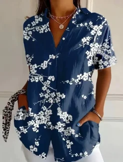 New Women's Shirt Long Sleeve Button Down Blouse Floral Graphic Vintage Tropical Daily Short Sleeve Shirt Collar Regular Tops Daily Black Pink Royal Blue Blue Purple Summer Spring Women Blouses & Shirts