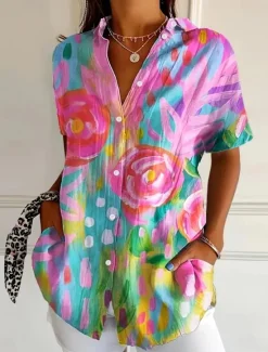 Women's Shirt Long Sleeve Button Down Blouse Floral Graphic Active Daily Stylish Short Sleeve Shirt Collar Regular Tops Daily White Red Fuchsia Summer Spring Women Blouses & Shirts