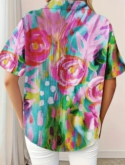 Women's Shirt Long Sleeve Button Down Blouse Floral Graphic Active Daily Stylish Short Sleeve Shirt Collar Regular Tops Daily White Red Fuchsia Summer Spring Women Blouses & Shirts