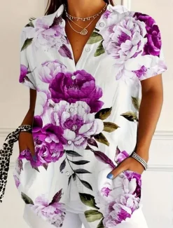 Women's Shirt Long Sleeve Button Down Blouse Floral Graphic Active Daily Stylish Short Sleeve Shirt Collar Regular Tops Daily White Red Fuchsia Summer Spring Women Blouses & Shirts
