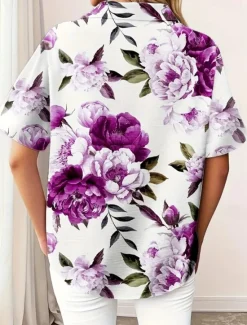 Women's Shirt Long Sleeve Button Down Blouse Floral Graphic Active Daily Stylish Short Sleeve Shirt Collar Regular Tops Daily White Red Fuchsia Summer Spring Women Blouses & Shirts