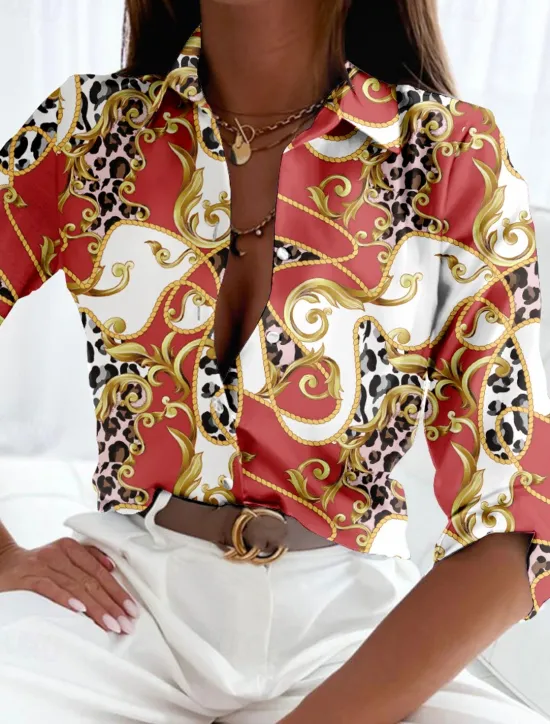 Online Women's Shirt Long Sleeve Button Down Blouse Basic Buttons Print Regular Tops Shirt Collar Casual Pink Red Purple Spring Fall Women Blouses & Shirts