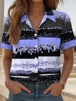 Discount Women's Shirt Long Sleeve Button Down Blouse Graphic Geometric Daily Casual Short Sleeve Shirt Collar Regular Tops Daily Pink Blue Green Summer Spring Women Blouses & Shirts