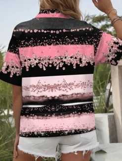 Discount Women's Shirt Long Sleeve Button Down Blouse Graphic Geometric Daily Casual Short Sleeve Shirt Collar Regular Tops Daily Pink Blue Green Summer Spring Women Blouses & Shirts