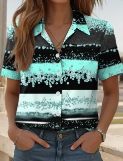 Discount Women's Shirt Long Sleeve Button Down Blouse Graphic Geometric Daily Casual Short Sleeve Shirt Collar Regular Tops Daily Pink Blue Green Summer Spring Women Blouses & Shirts