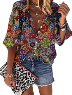 Outlet Women's Shirt Long Sleeve Button Down Blouse Hawaiian Graphic Prints Button Print Daily Weekend Basic Boho V Neck Long Loose Fit Summer Holiday Clothes Women Spring Tops|Boho Tops