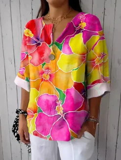Clearance Women's Shirt Long Sleeve V Neck Floral Graphic Vintage Tropical Hawaiian 3/4 Length Sleeve Crew Neck Regular Tops Daily Holiday Beach Wear Print Summer Spring Women Blouses & Shirts