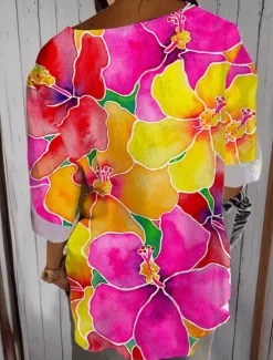 Clearance Women's Shirt Long Sleeve V Neck Floral Graphic Vintage Tropical Hawaiian 3/4 Length Sleeve Crew Neck Regular Tops Daily Holiday Beach Wear Print Summer Spring Women Blouses & Shirts