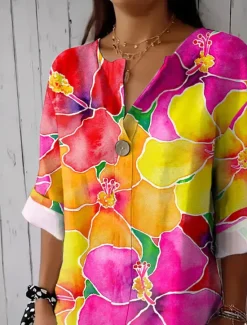Clearance Women's Shirt Long Sleeve V Neck Floral Graphic Vintage Tropical Hawaiian 3/4 Length Sleeve Crew Neck Regular Tops Daily Holiday Beach Wear Print Summer Spring Women Blouses & Shirts