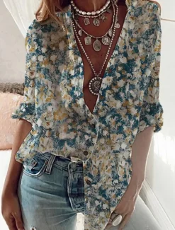 Hot Women's Shirt Long Sleeve Button Down Blouse Tunic Streetwear Casual Floral Buttons Print Regular Tops Daily Weekend Spring Fall Women Spring Tops