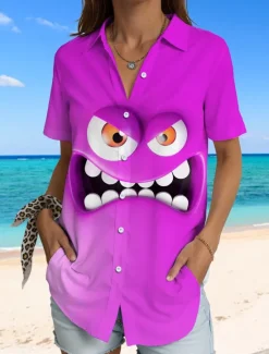 Best Women's Shirt Long Sleeve Button Down Blouse Graphic 3D Vintage Tropical Daily Short Sleeve Shirt Collar Regular Tops Daily Yellow Blue Purple Summer Spring Women Blouses & Shirts