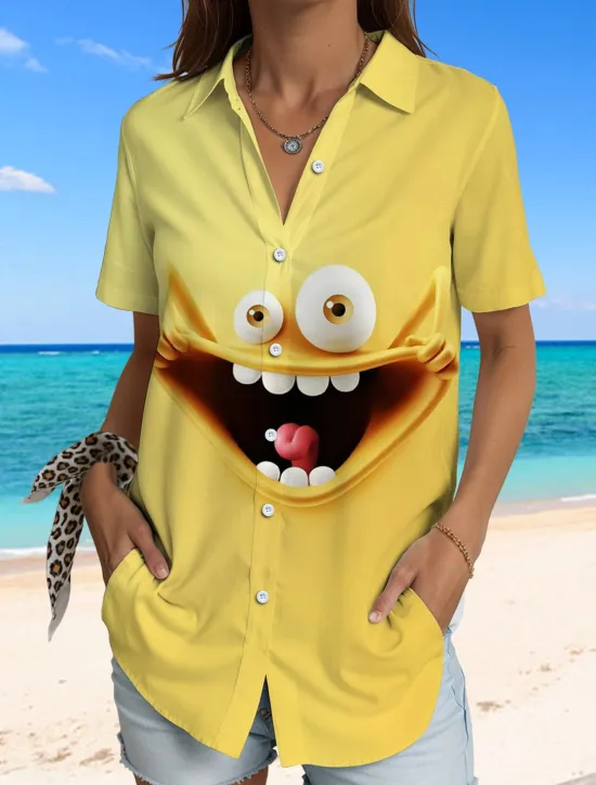 Best Women's Shirt Long Sleeve Button Down Blouse Graphic 3D Vintage Tropical Daily Short Sleeve Shirt Collar Regular Tops Daily Yellow Blue Purple Summer Spring Women Blouses & Shirts