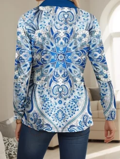Online Women's Shirt Long Sleeve V Neck Graphic Modern Casual Shirt Collar Long Tops Daily Buttons Print Black Yellow Pink Red Blue Spring Fall Women Spring Tops|Boho Tops