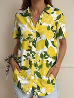 Hot Women's Shirt Long Sleeve Button Down Blouse Floral Graphic Fruit Vintage Tropical Daily Sleeveless Short Sleeve Shirt Collar Regular Tops Daily Yellow Orange Summer Spring Women Blouses & Shirts