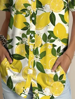 Hot Women's Shirt Long Sleeve Button Down Blouse Floral Graphic Fruit Vintage Tropical Daily Sleeveless Short Sleeve Shirt Collar Regular Tops Daily Yellow Orange Summer Spring Women Blouses & Shirts