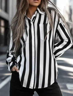 Online Women's Shirt Long Sleeve Button Down Blouse and white striped shirt Work Elegant Stylish Modern Spring Fall Women Blouses & Shirts