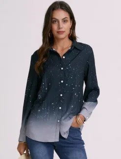 New Women's Shirt Long Sleeve Button Down Blouse Basic Buttons Print Regular Tops Shirt Collar Casual Daily Blue Gray Spring Fall Women Blouses & Shirts