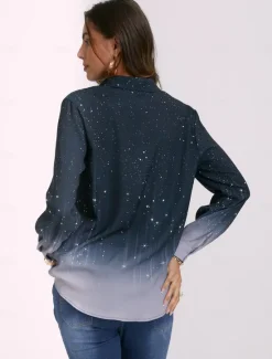 New Women's Shirt Long Sleeve Button Down Blouse Basic Buttons Print Regular Tops Shirt Collar Casual Daily Blue Gray Spring Fall Women Blouses & Shirts