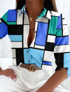 Hot Women's Shirt Long Sleeve Button Down Blouse Basic Color Block Buttons Print Regular Tops Shirt Collar Casual Holiday Yellow Red Blue Spring Fall Women Blouses & Shirts