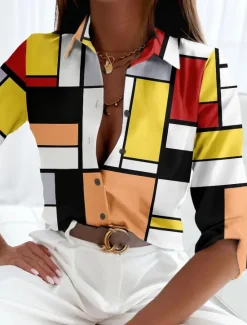 Hot Women's Shirt Long Sleeve Button Down Blouse Basic Color Block Buttons Print Regular Tops Shirt Collar Casual Holiday Yellow Red Blue Spring Fall Women Blouses & Shirts