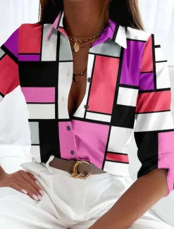 Hot Women's Shirt Long Sleeve Button Down Blouse Basic Color Block Buttons Print Regular Tops Shirt Collar Casual Holiday Yellow Red Blue Spring Fall Women Blouses & Shirts