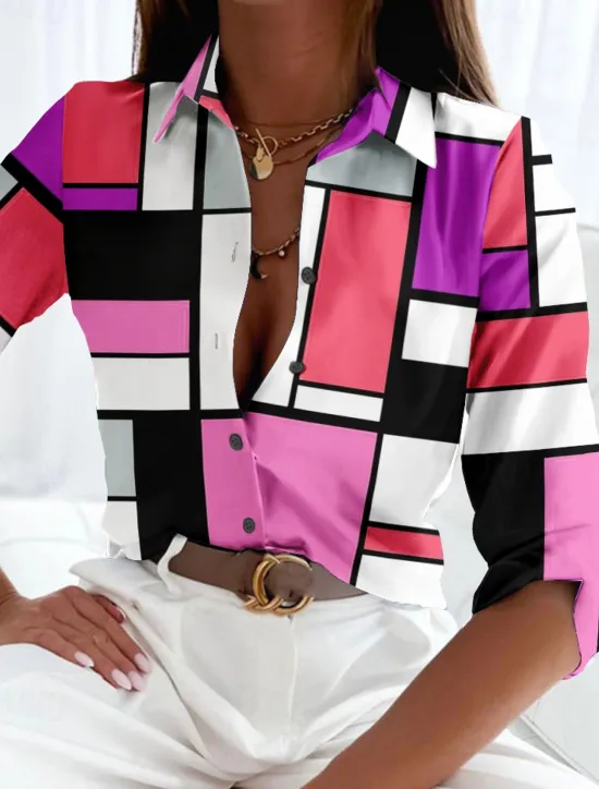 Hot Women's Shirt Long Sleeve Button Down Blouse Basic Color Block Buttons Print Regular Tops Shirt Collar Casual Holiday Yellow Red Blue Spring Fall Women Blouses & Shirts