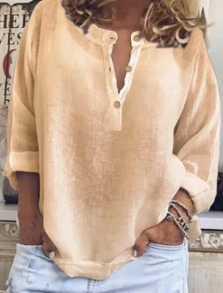 New Women's Shirt Plain Basic Casual Long Sleeve Crew Neck Regular Tops Daily Buttons White Blue Purple Khaki Summer Women Shirts