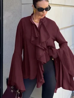 Outlet Women's Shirt Plain Elegant Stylish Basic Long Sleeve Bell Sleeve Regular Tops Daily Holiday Ruffle Black Wine Summer Spring Fall Women Blouses & Shirts