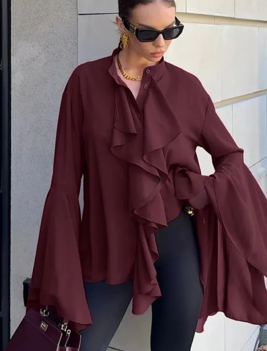Outlet Women's Shirt Plain Elegant Stylish Basic Long Sleeve Bell Sleeve Regular Tops Daily Holiday Ruffle Black Wine Summer Spring Fall Women Blouses & Shirts