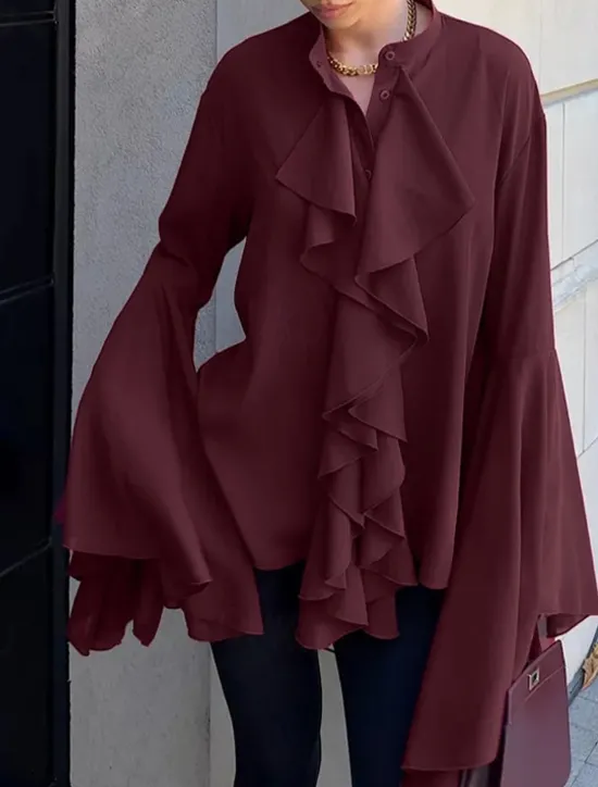 Outlet Women's Shirt Plain Elegant Stylish Basic Long Sleeve Bell Sleeve Regular Tops Daily Holiday Ruffle Black Wine Summer Spring Fall Women Blouses & Shirts